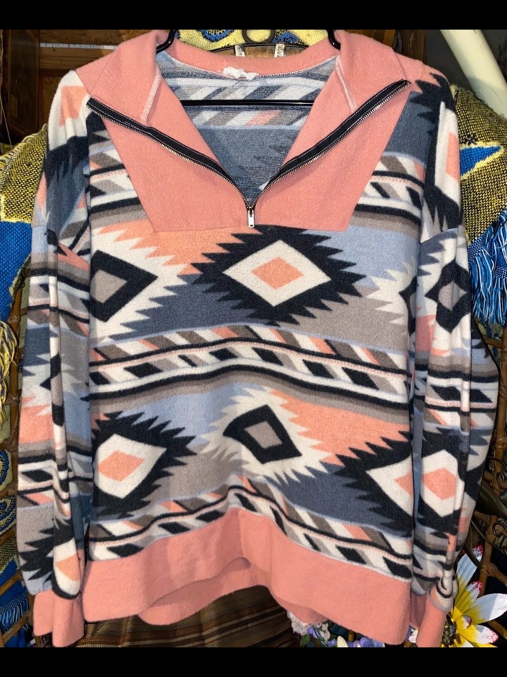 BiBi Southwestern Aztec Quarter Zip Fleece Pullover Sweater Geometric Pink